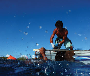 Deploying giant clam spat collecting stations in Reao, Tuamotus, French Polynesia  (Image: Colette Wabnitz)